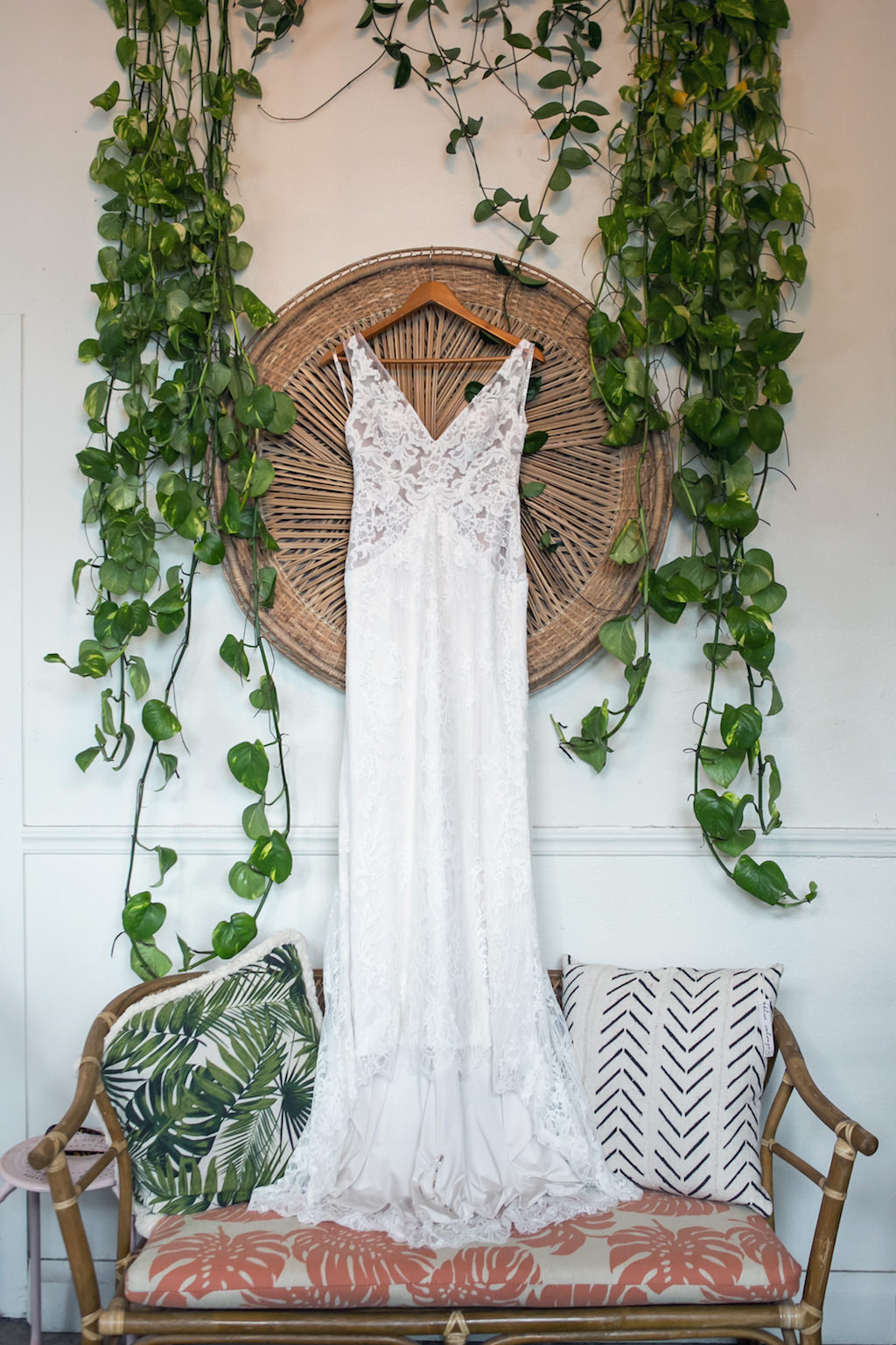 Boho Lace V-Neck Illusion Wedding Dress on Hanger | Tampa Bay Wedding Photographer Carrie Wildes Photography