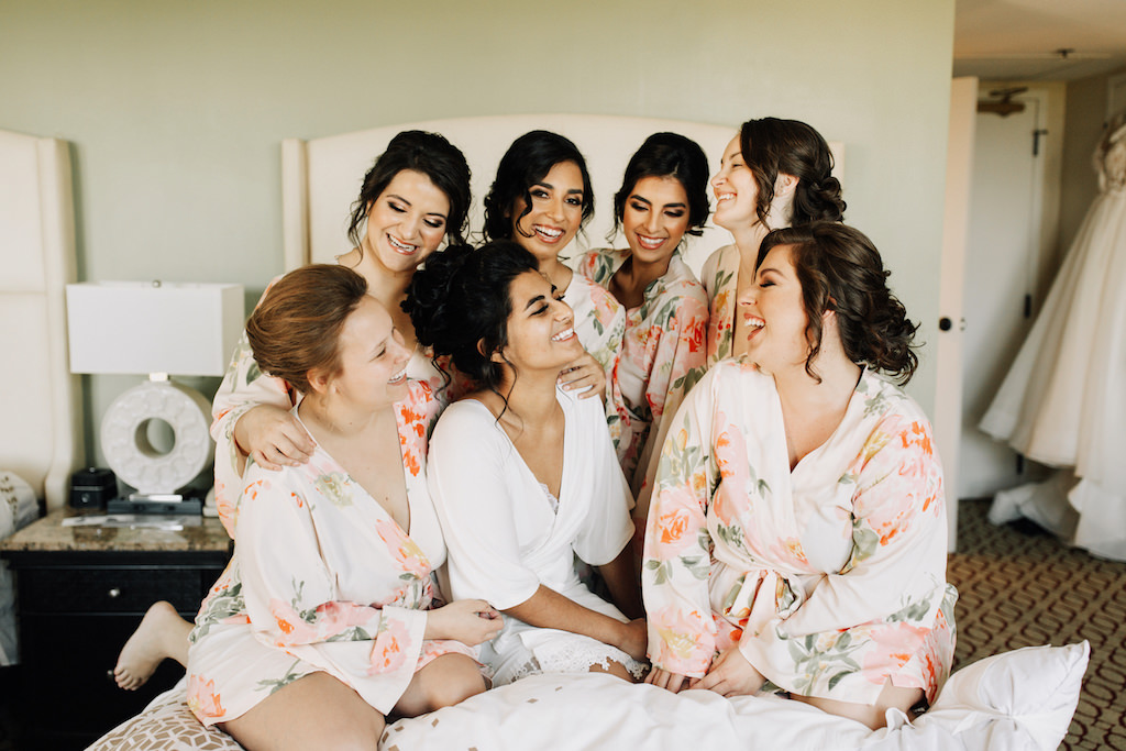 Bridal Party in Matching Floral Blush Pink Bridesmaid Robes