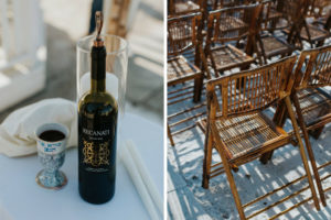 Outdoor Waterfront Beach Wedding Ceremony with Wooden Ceremony Chairs and Jewish Ceremony Wine