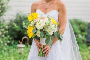 Outdoor Bridal Portrait Sweetheart Strapless Lace A-Line Wedding Dress and Veil with White Daisy, Yellow Sunflower and Greenery Floral Bouquet