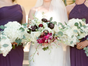 Bride and Bridesmaids Portrait, Bride with Organic White Roses, Pink and Deep Purple Flowers with Silver Dollar Eucalyptus Wearing Lace V-Neck Mermaid Wedding Dress, Bridesmaids Wearing Deep Purple Dresses and White Hydrangeas and Silver Dollar Eucalyptus Bouquets