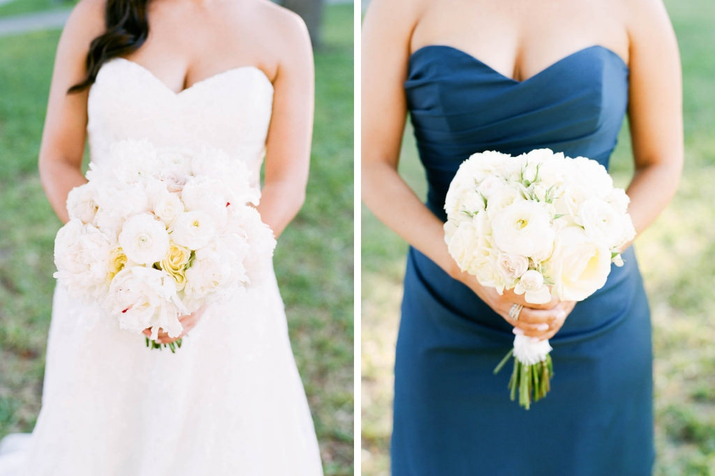 Outdoor Bridal Party Portrait Bride in Sweetheart Wedding Dress, Bridesmaid in Sweetheart Navy Blue Dress with Ivory Floral Bouquet