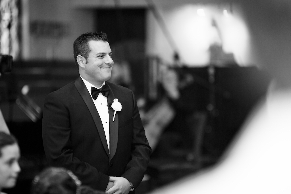 Groom Watching Bride Walk Down Aisle, Wedding Ceremony Portrait