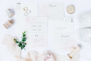 Elegant Blush Pink and White Wedding Invitation, Silver Sparkle Shoes, Wedding Rings and Perfume Bottle | Tampa Bay Wedding Photographer Ailyn La Torre