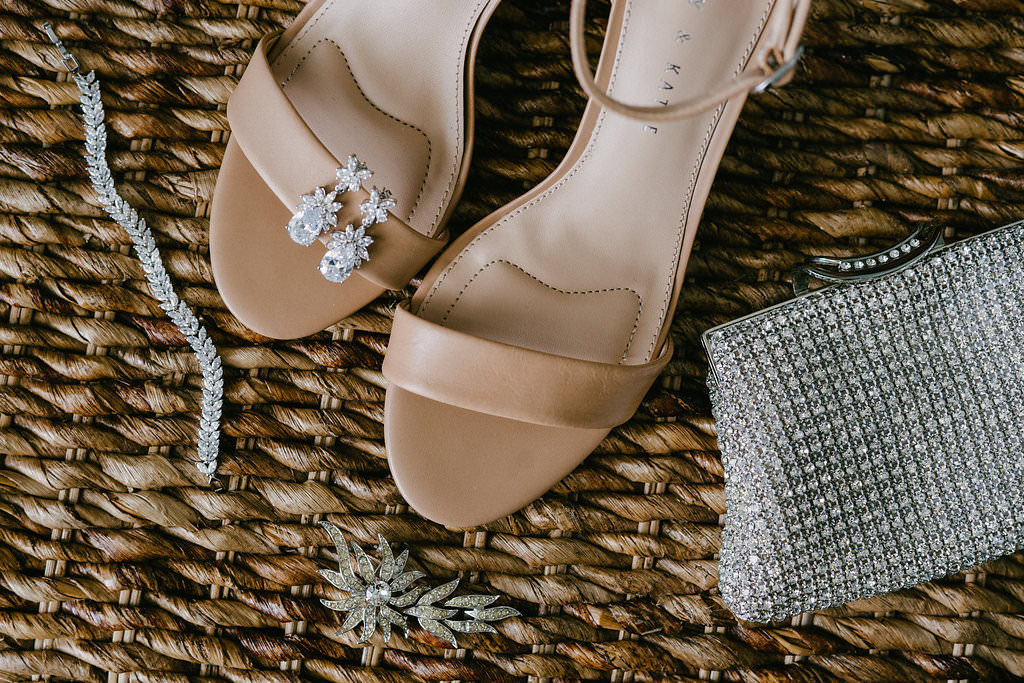 Nude Open Toe Strappy Wedding Shoes, Wedding Jewelry and Rhinestone Clutch | Tampa Bay Photographer Grind and Press