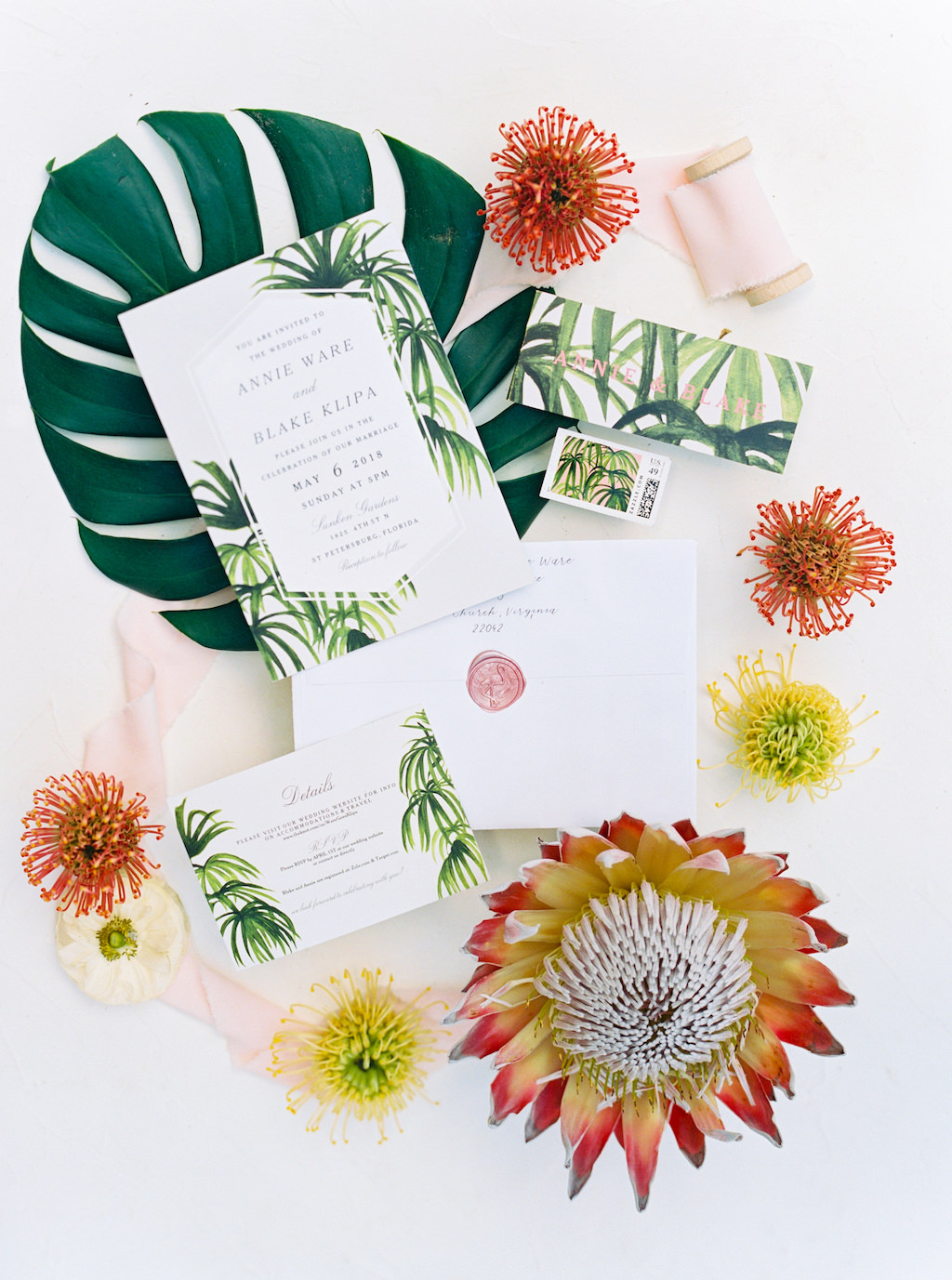 Tropical Inspired Green and White Palm Leaves Wedding Invitation Suite