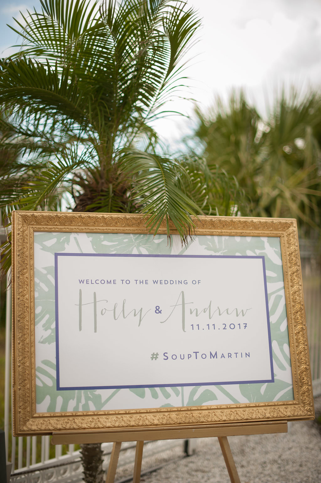 Tropical Themed Gold Framed Wedding Ceremony Welcome Sign