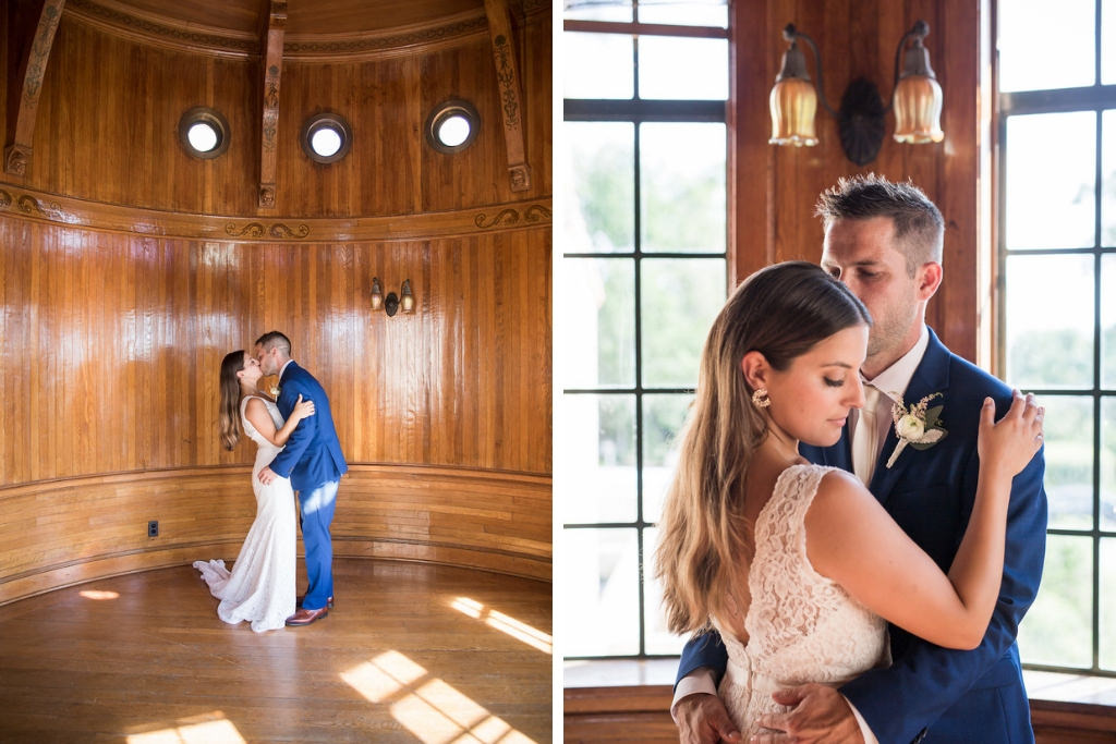Bride and Groom Wedding Portrait, Bride in Lace Tank Top Strap Plunging V Neckline Wedding Dress, Groom in Blue Suit with White Flower Boutonniere | Tampa Bay Photographer Cat Pennenga Photography | Sarasota Venue Powel Crosley Estate