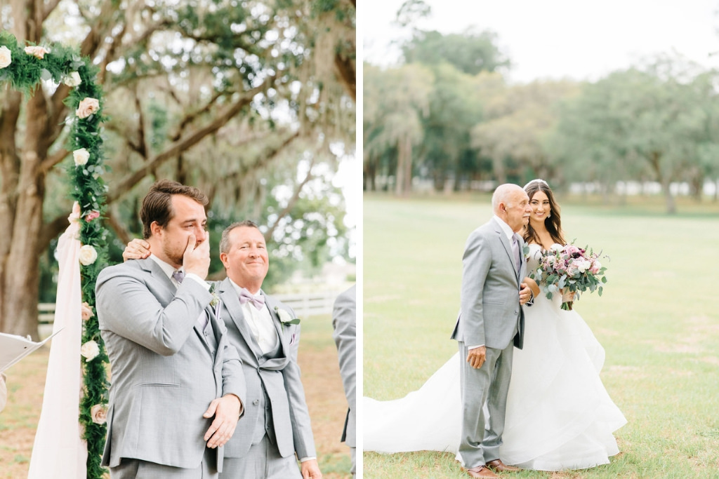 Outdoor Wedding Ceremony, Groom Emotional Reaction to Bride Walking Down the Aisle, Bride Walking Down Aisle | Tampa Bay Wedding Planner Burlap to Lace
