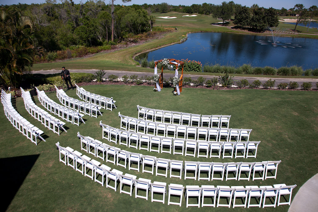 Outdoor Lawn Ceremony with Curved Semi Circle Seating Arrangement Lakewood Ranch Golf and Country Club Wedding Ceremony | Sarasota Wedding Photographer Carrie Wildes Photography