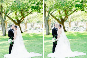 Outdoor Bride and Groom Wedding Portrait, Bride in Lace and Rhinestone High Neck Halter Fit and Flare Wedding Dress, Cathedral Length Veil, White and Greenery Bouquet, Groom in Black Tuxedo and White Rose Boutonniere | Tampa Wedding Photographer Ailyn La Torre | St. Petersburg Hair Artist Femme Akoi