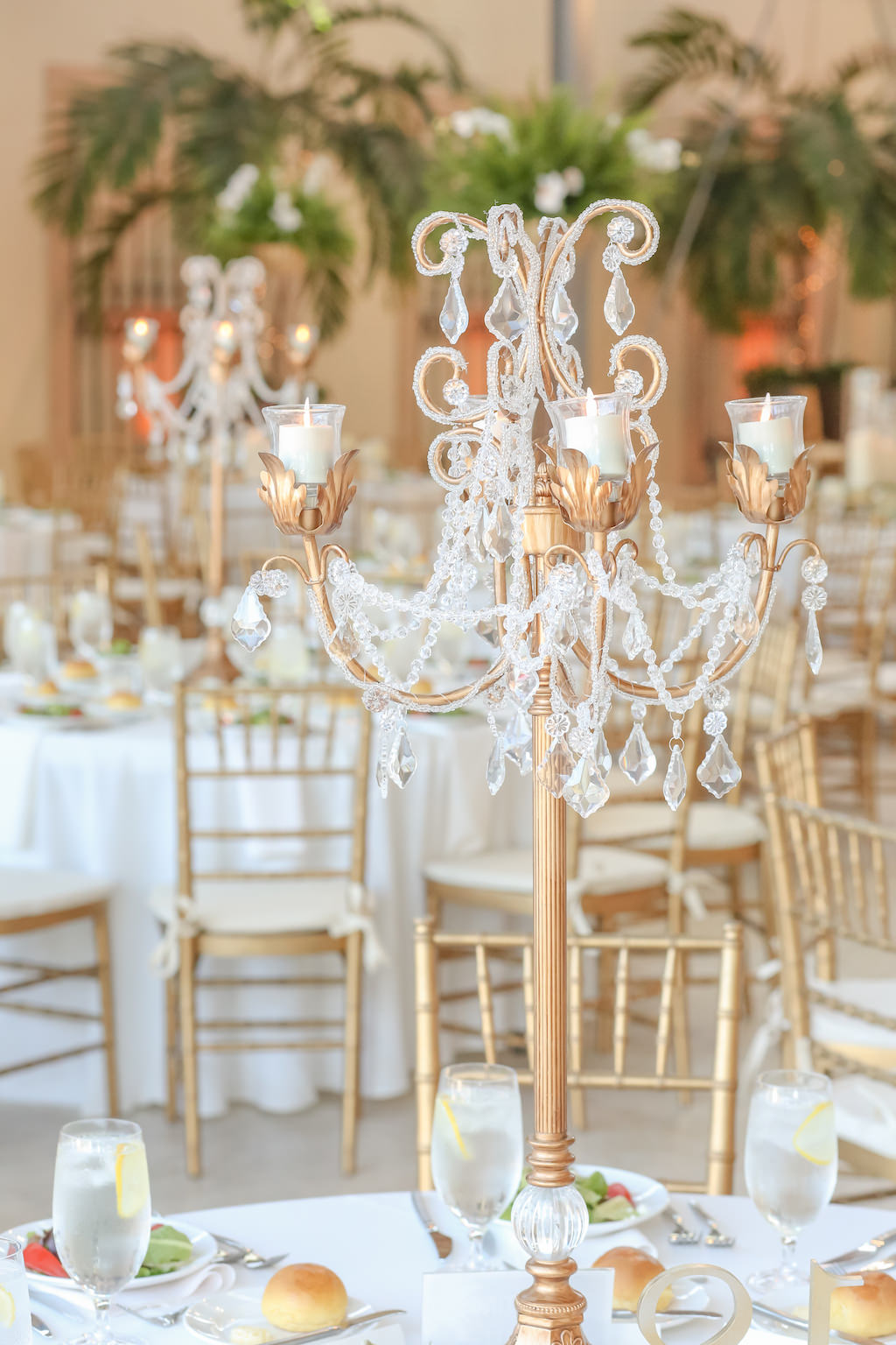 Wedding Reception Decor, Gold and Crystal Candle Chandelier Centerpiece | St. Petersburg Photographer Lifelong Photography Studios