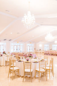 Elegant Wedding Reception Decor, Round Tables with White Tablecloths, Gold Chiavari Chairs and Floral Centerpieces | Tampa Bay Wedding Planner Burlap to Lace | Venue The Lange Farm