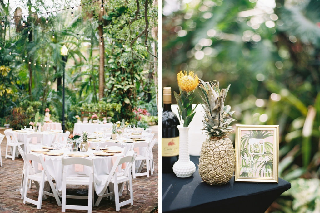 Outdoor Tropical Garden Wedding Reception Decor, Round Tables with White Tablecloth, White Folding Chairs and Gold Pineapple Centerpiece | St. Petersburg Wedding Venue Sunken Gardens | Planner Southern Glam Events and Weddings