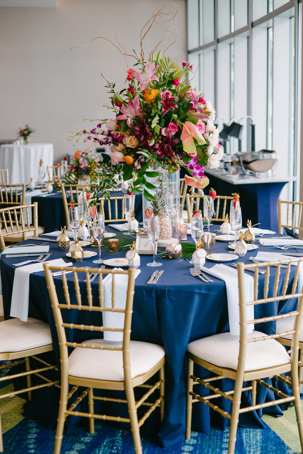 Hotel Ballroom Wedding Reception Decor, Round Tables with Navy Blue ...