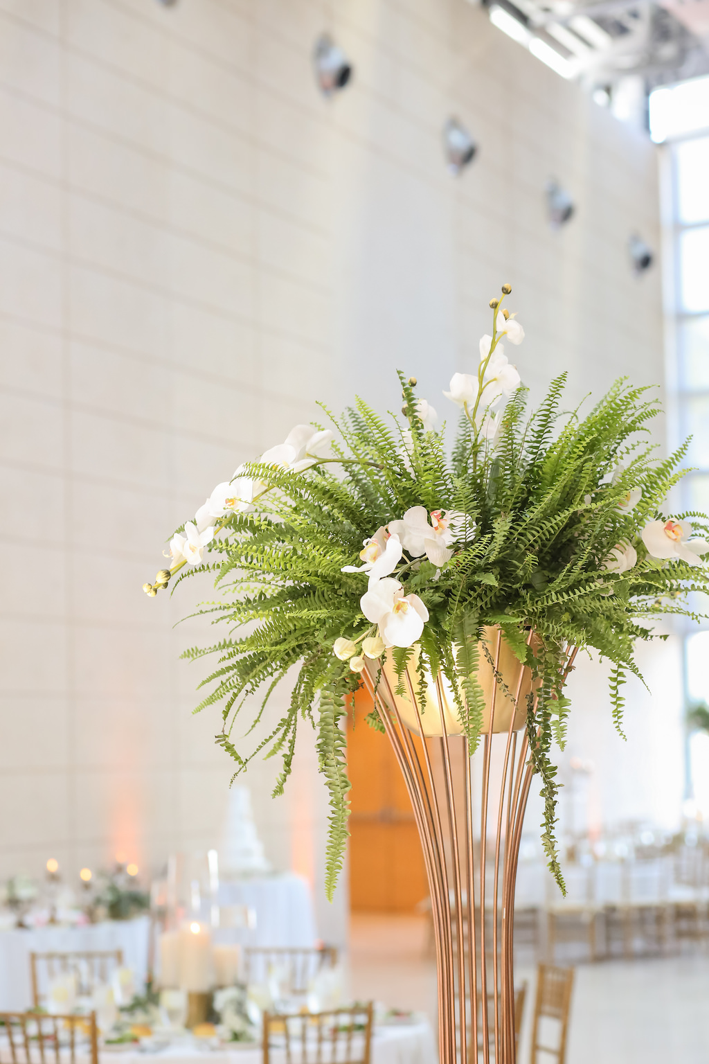 Wedding Reception Decor, Tall Gold Geometric Vase with Greenery and White Orchids Centerpiece | St. Petersburg Photographer Lifelong Photography Studios