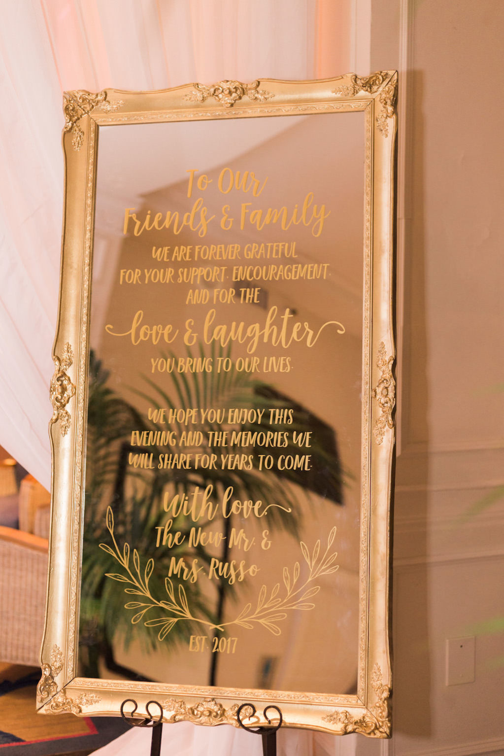 Elegant Wedding Reception Welcome Sign on Gold Mirror - Marry Me Tampa