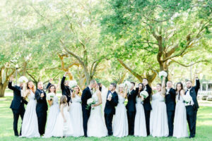 Outdoor Bridal Party Wedding Portrait, Bridesmaids in Grey Dresses, Groomsmen in Black Tuxedos | Tampa Wedding Photographer Ailyn La Torre