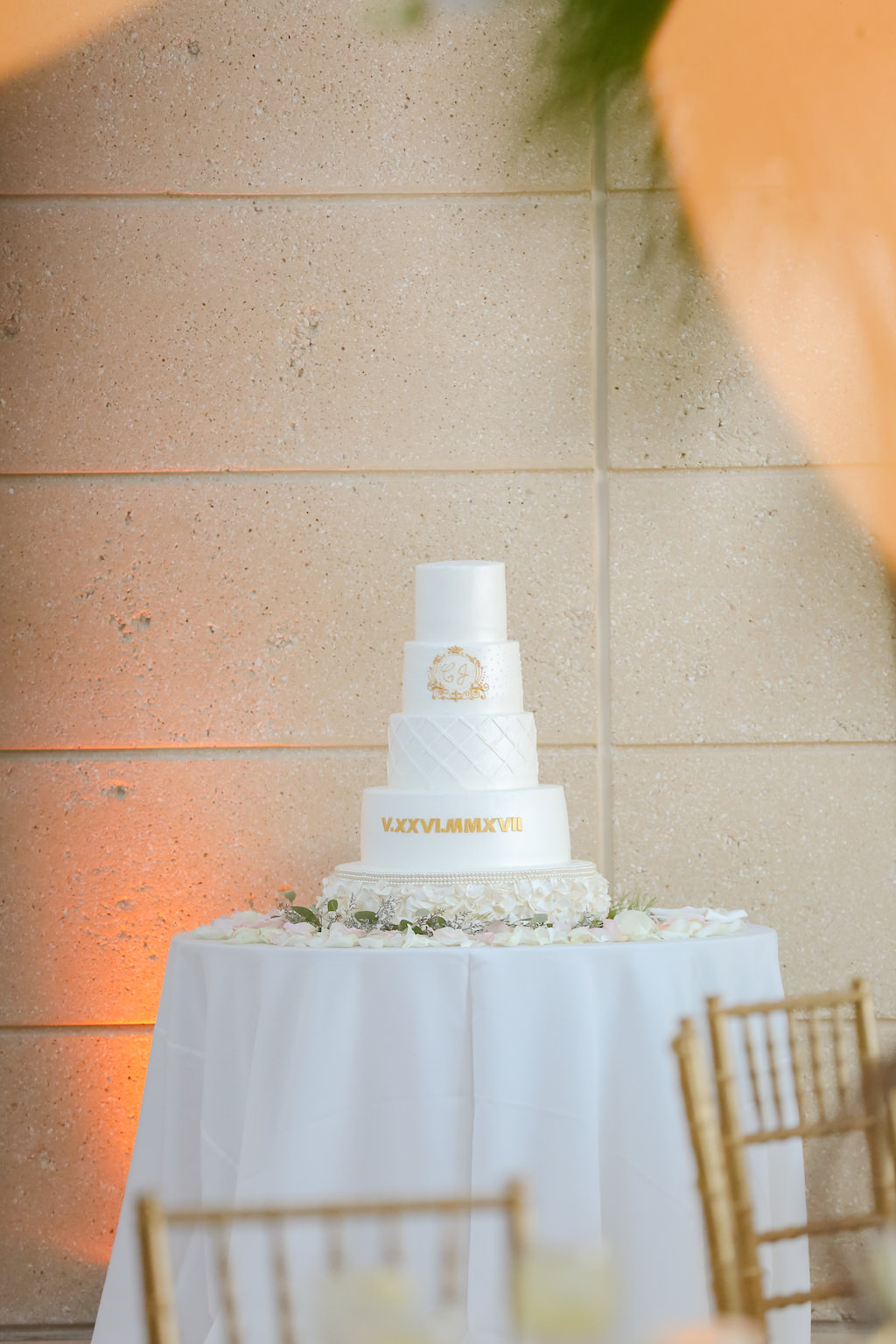 4 Tier Elegant and Simple White Wedding Cake with Gold Monogram and Wedding Date | St. Petersburg Photographer Lifelong Photography Studios | Tampa Bay Catering and Cake Olympia Catering