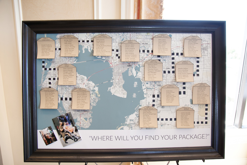 UPS Travel Themed Wedding Seating Chart on Map | Sarasota Wedding Photographer Carrie Wildes Photography