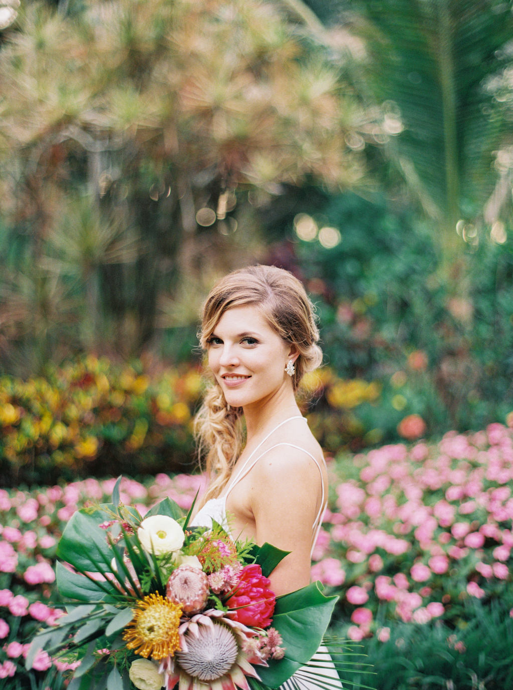 Outdoor Bridal Portrait A-Line Strappy Lace Wedding Dress, Braided Hair with White Flowers and Greenery, White, Pink King Protea and Yellow Tropical Inspired Floral Bouquet