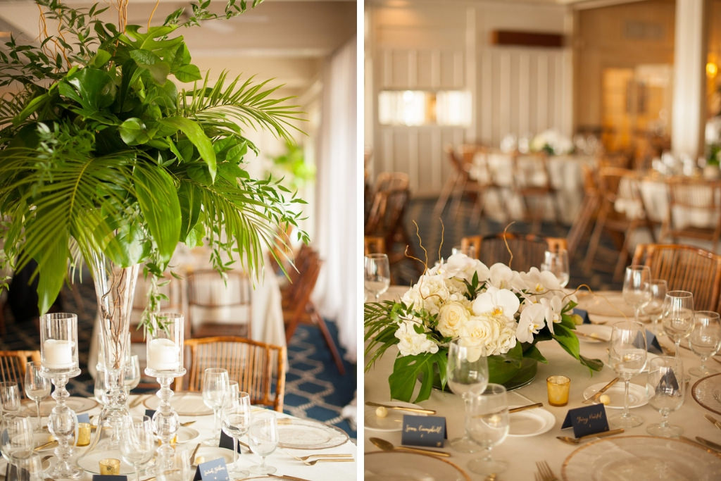 Indoor Wedding Reception Decor, Tall Glass Cylinder Vase with Tropical Green Leaves and Low Centerpiece with White Florals and Greenery | Tampa Wedding Planner Parties A La Carte | Clearwater Beach Wedding Venue Carlouel Yacht Club | St Pete Rentals Over The Top Linen Rentals and A Chair Affair