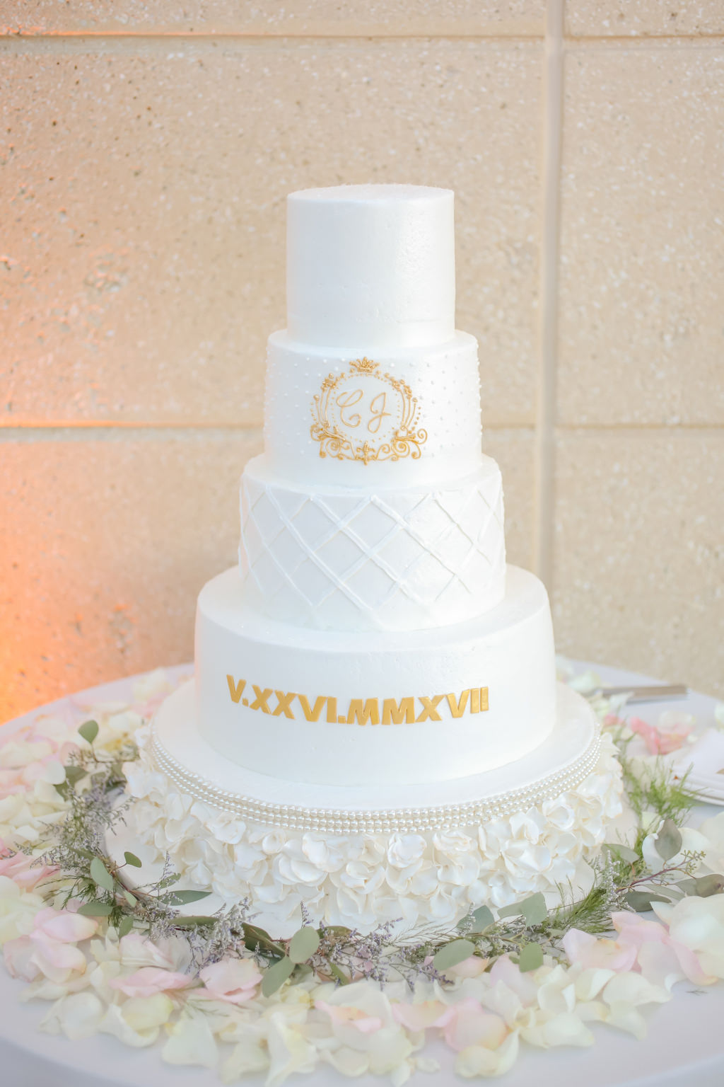 4 Tier Elegant and Simple White Wedding Cake with Gold Monogram and Wedding Date on Floral Stand | St. Petersburg Photographer Lifelong Photography Studios | Tampa Bay Catering and Cake Olympia Catering