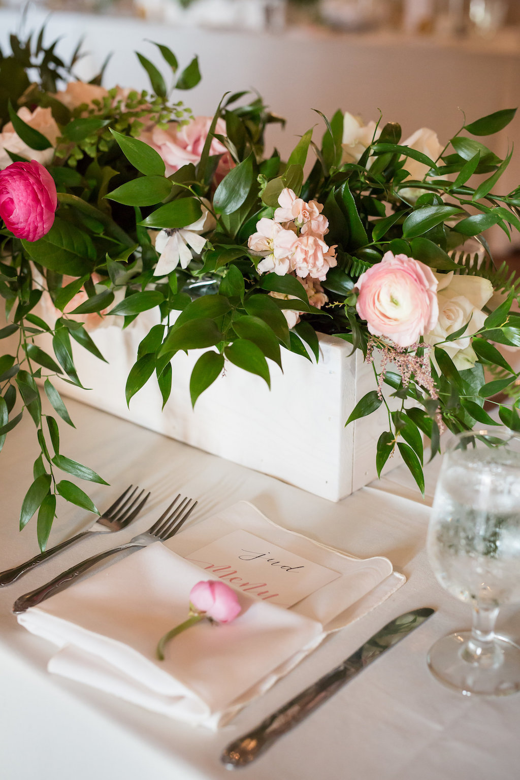 Elegant Wedding Reception Decor, Low Wooden Planter Box with Blush Pink, Pink and Greenery Florals, White Linen with Pink Flower | Sarasota Wedding Photographer Cat Pennenga Photography