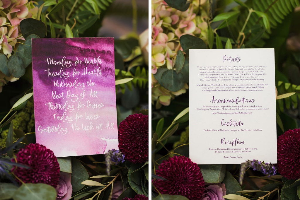 Custom Plum, Purple Watercolor Letterpress Invitation on Florals and Greenery | Clearwater Beach Wedding Stationary A&P Designs