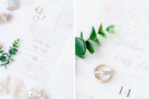 Elegant Blush Pink and White Wedding Invitation and Wedding Rings | Tampa Bay Wedding Photographer Ailyn La Torre