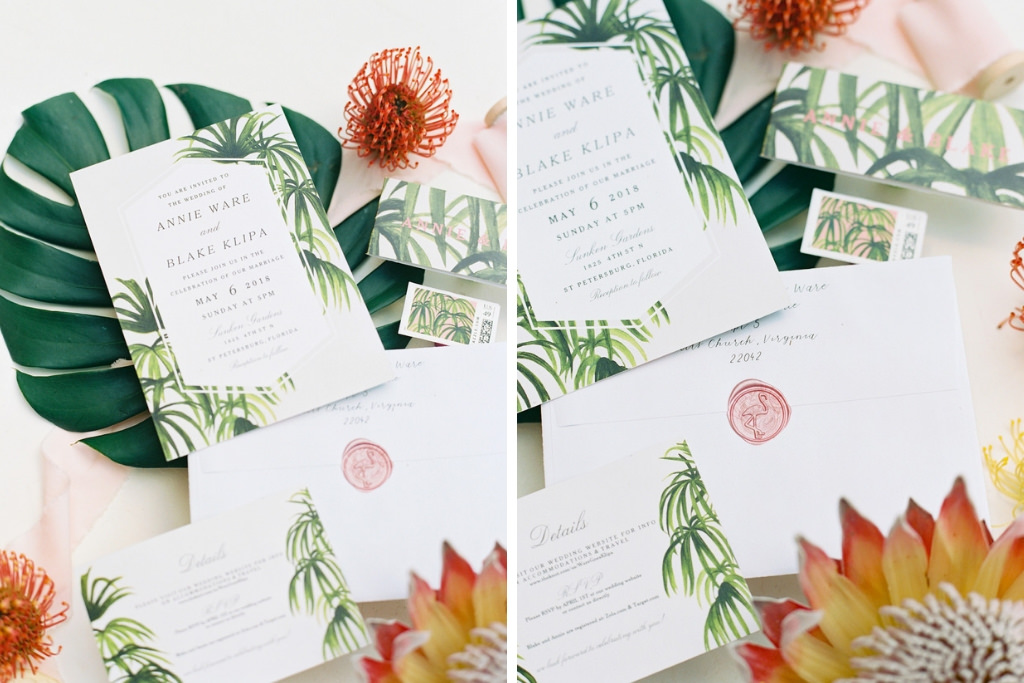 Tropical Inspired Green and White Palm Leaves Wedding Invitation Suite