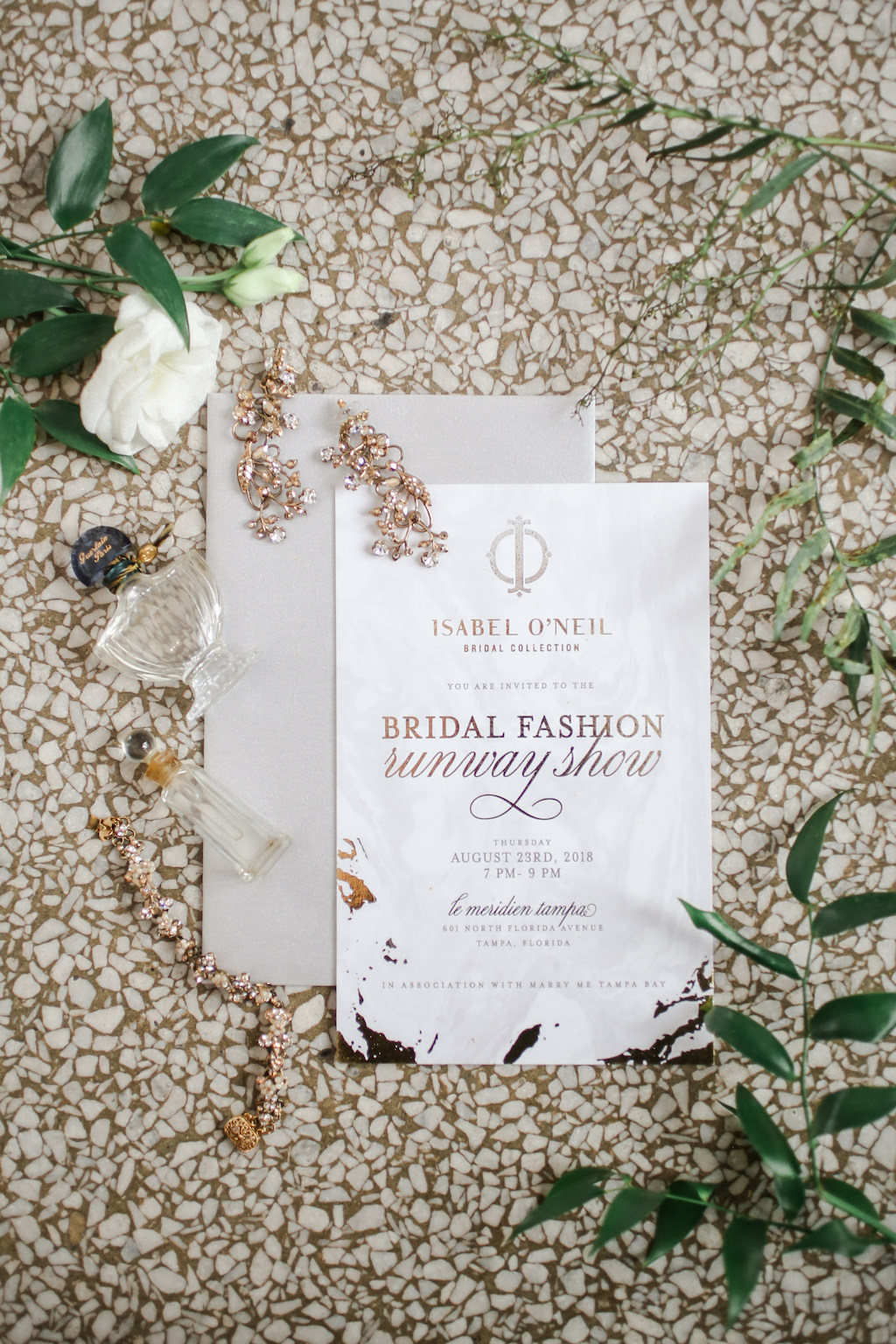 Modern Gold Foil Wedding Invitation, Crystal Gold Earrings and Perfume Bottle | Marry Me Tampa Bay and Isabel O'Neil Bridal Fashion Runway Show 2018 | Tampa Wedding Photographer Lifelong Photography Studios | Invitation URBANcoast