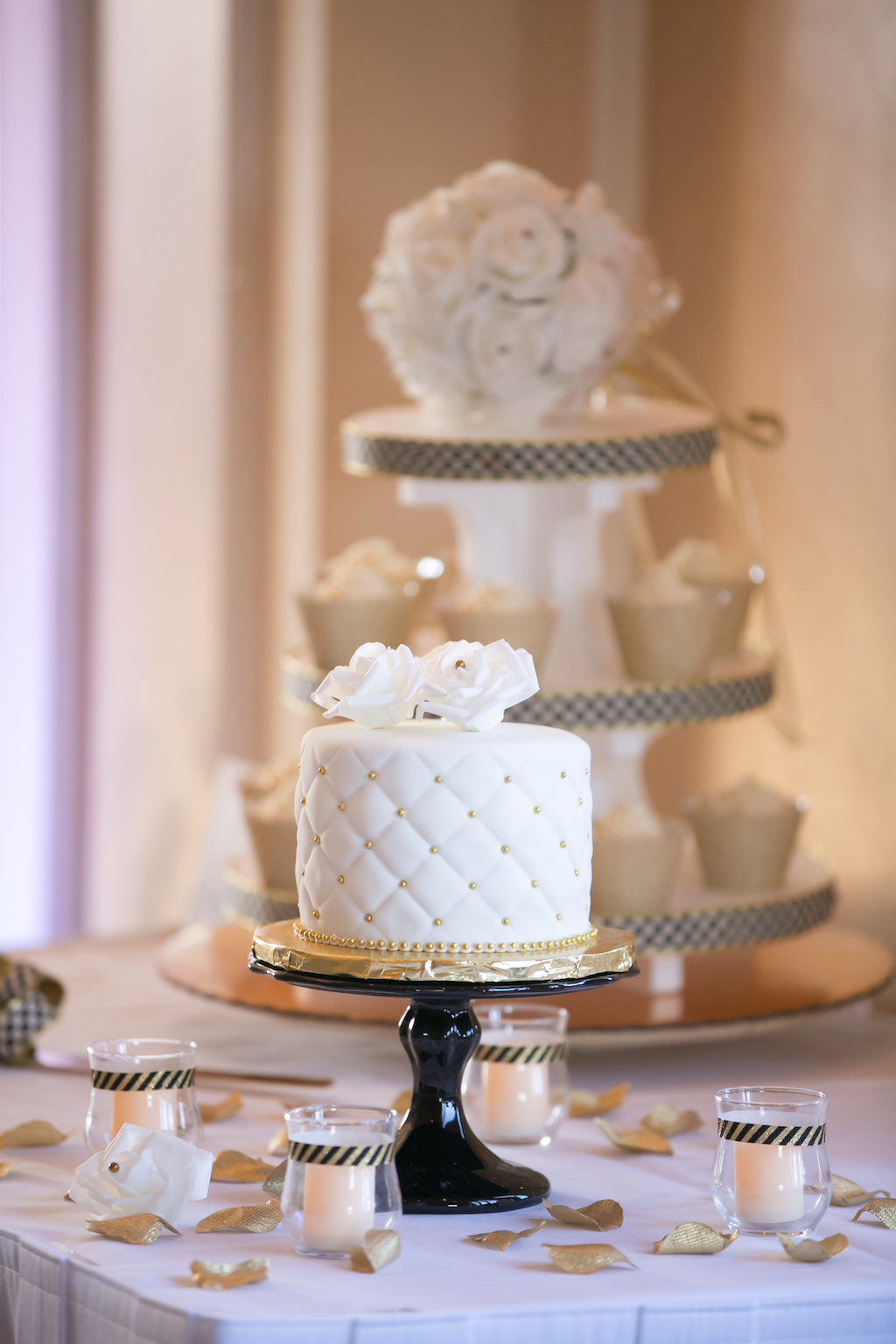 One-Tiered White Quilted Bling Rhinestone Wedding Cake with White Rose Topper on Black Cake Stand | Sarasota Wedding Photographer Carrie Wildes Photography