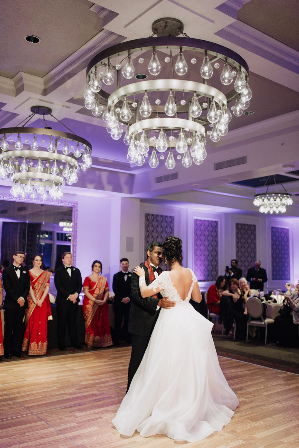 First Dance Wedding Portrait with Bulb Chandelier | Downtown St. Pete Boutique Hotel Venue The Birchwood