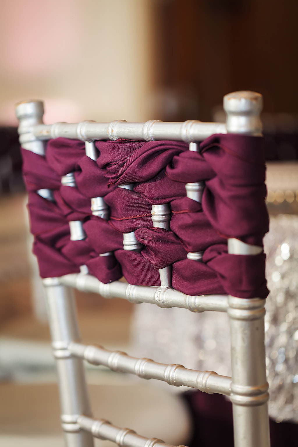 Elegant Silver Chiavari Chairs with Satin Purple, Plum Woven Satin Chair Sash