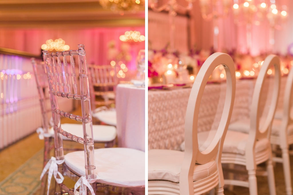 Ballroom Wedding Reception Decor, Clear Acrylic Chairs with White Satin Cushions, Elegant White Wooden Chair with White Linen Cushion | St. Petersburg Wedding Venue The Don Cesar