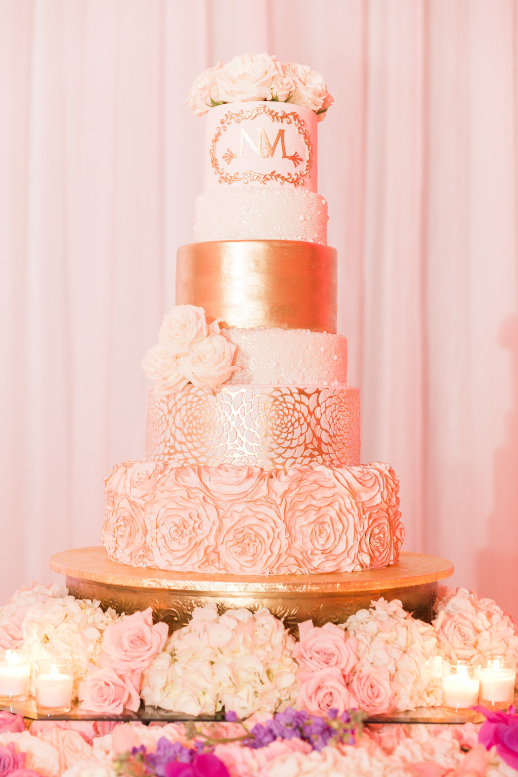 Elegant Six Tier Round Gold and Pink Wedding Cake with Rose Cake Topper on Gold Cake Stand, with Ivory Hydrangeas and Pink Roses
