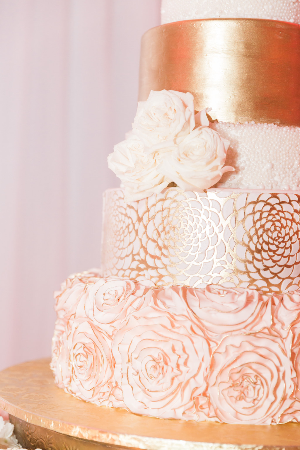 Elegant Six Tier Round Gold and Blush Pink Flower Wedding Cake