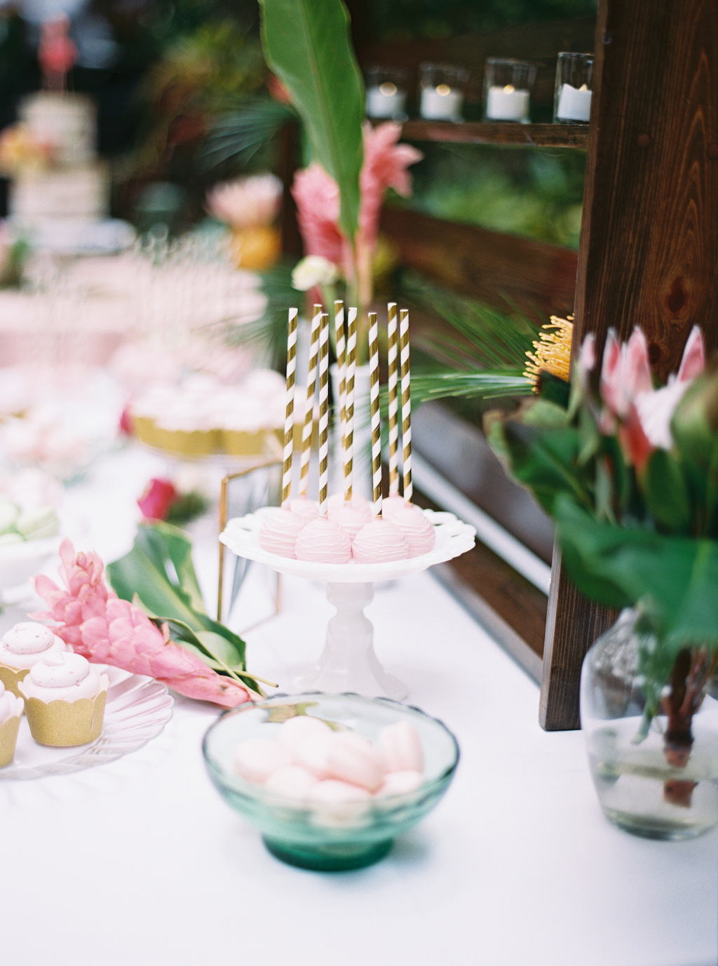 Outdoor Wedding Reception Dessert Table with Pink Cake Pops