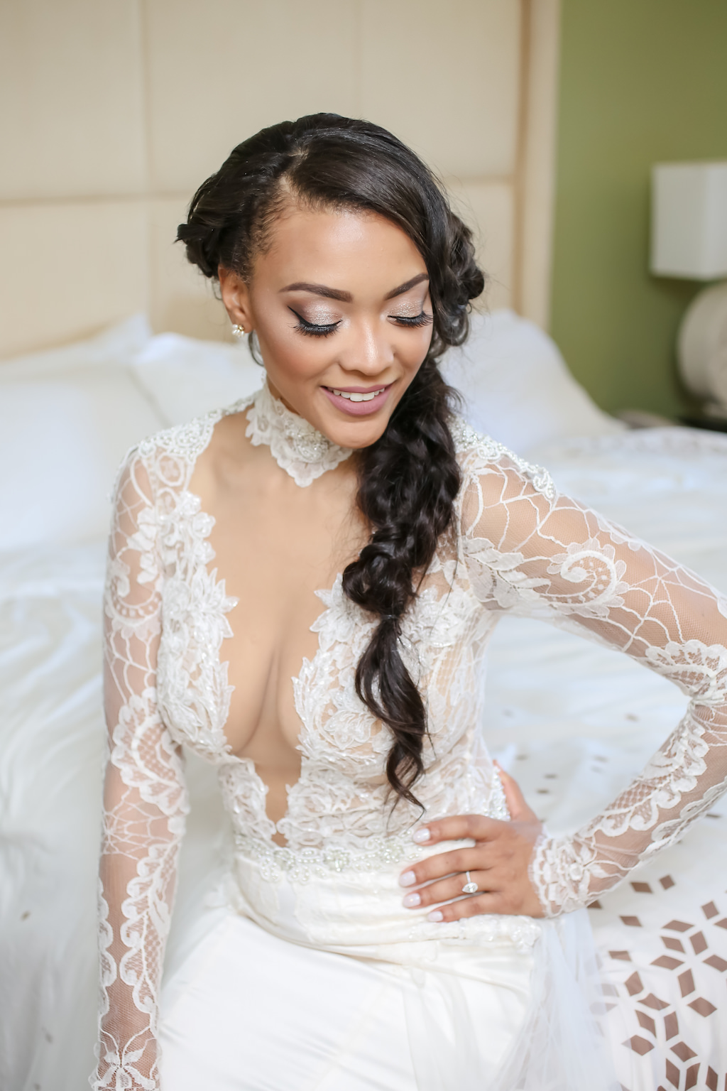 Bride Getting Ready Portrait, Lace and Sheer Long Sleeve Low V-Neck Wedding Dress and Braided Hairstyle | St. Petersburg Photographer Lifelong Photography Studios