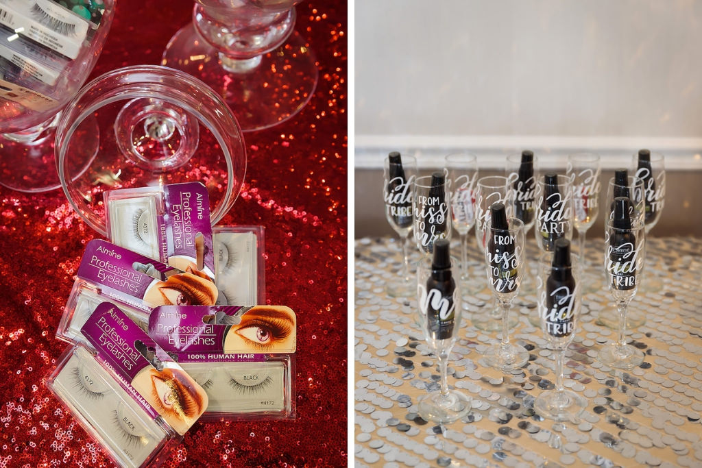 Eyelashes on Red Glitter Linen, Personalized Champagne Glasses and Mini Champagne Bottles | Tampa Bay Hair and Makeup Michele Renee The Studio | Linens Over the Top Rental Linens | Hyatt Wedding Experience
