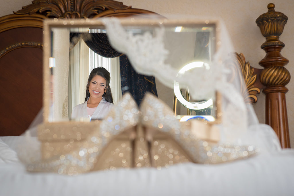 Creative Bride Getting Portrait Looking into Mirror, Gold Rhinestone Pointed Stiletto Wedding Shoes