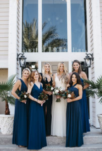 Outdoor Bride and Bridesmaids Wedding Portrait, Bridesmaids in Long Mismatched Style Navy Blue Dresses | Tampa Bay Wedding Planner Kelly Kennedy Weddings and Events