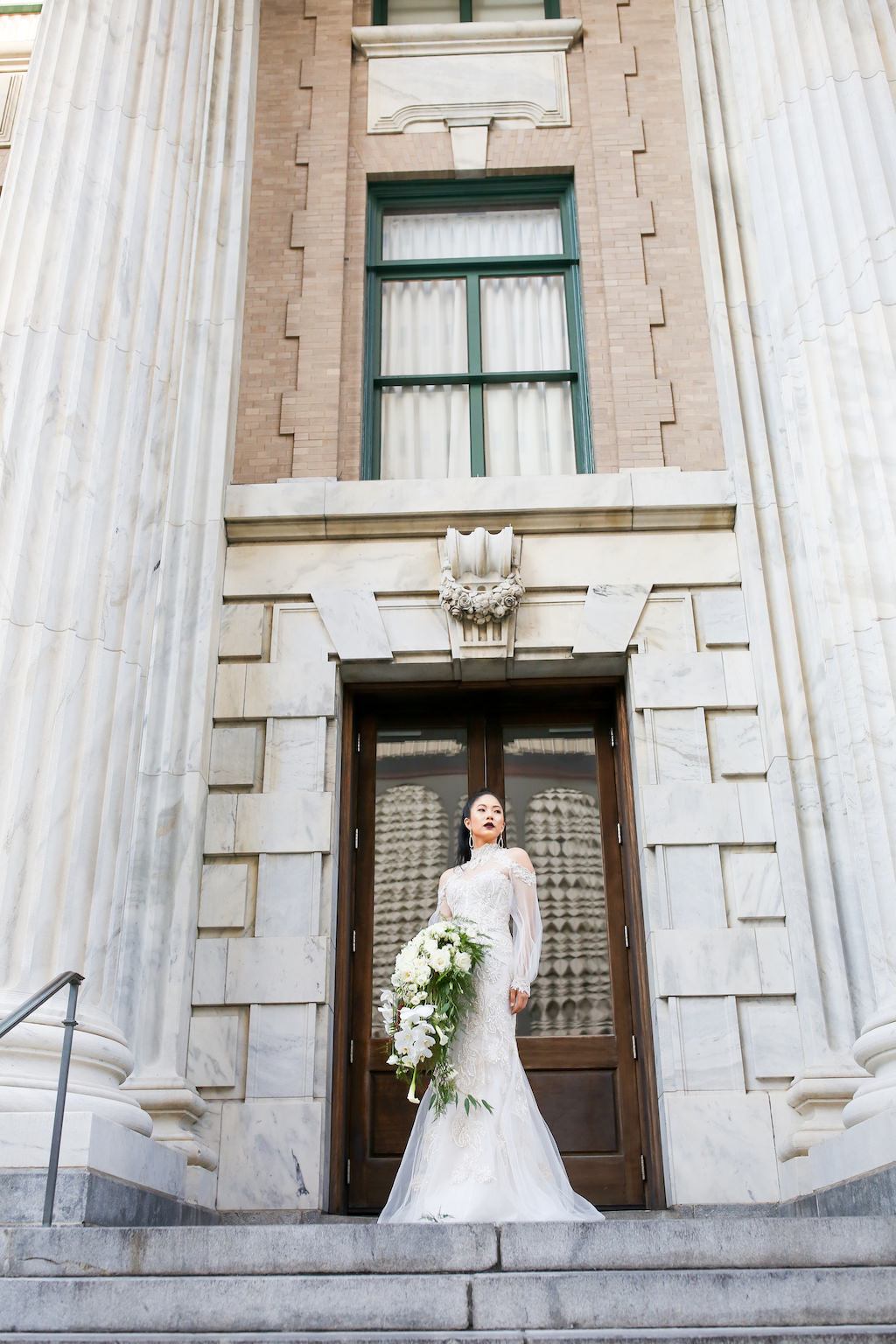 Illusion Long Sleeve Lace and Rhinestone High Neck Wedding Dress | Marry Me Tampa Bay and Isabel O'Neil Bridal Fashion Runway Show 2018 | Tampa Wedding Photographer Lifelong Photography Studios | Historic Downtown Tampa Venue Le Meridien