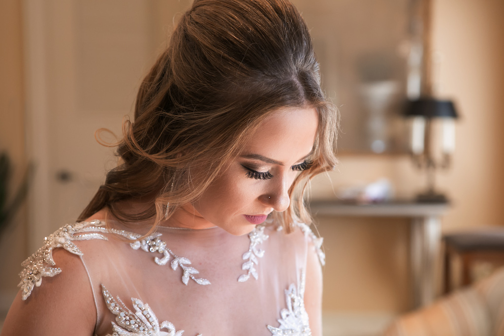 Bride Hair and Makeup Portrait in Maggie Sottero Illusion Tank Top with Beaded Lace Motif Wedding Dress | Sarasota Wedding Photographer Carrie Wildes Photography