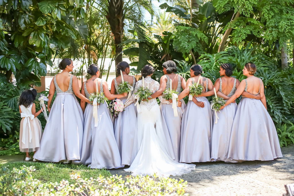 Outside Bride and Bridesmaids Wedding Portrait, Bridesmaids in Matching Silver Dresses with Rhinestone Straps, Greenery Bouquets, Bride in Lace and Sheer Long Sleeve Long Train Low Back Wedding Dress with Pink and White Floral Bouquet, Flower Girl in Cream Dress | St. Petersburg Photographer Lifelong Photography Studios