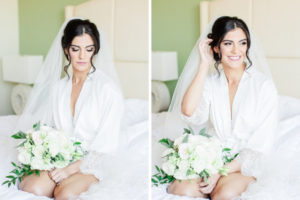 Bride Getting Ready Wedding Portrait in White Silk Robe and Veil with White and Greenery Floral Bouquet | Tampa Hair Artist Femme Akoi | St. Petersburg Photographer Ailyn La Torre