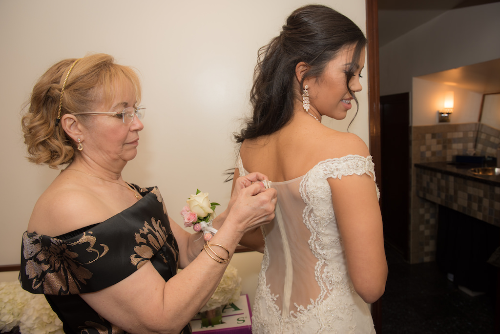 Bride Getting Ready Portrait with Mother, Illusion Back Lace Off the Shoulder Wedding Dress