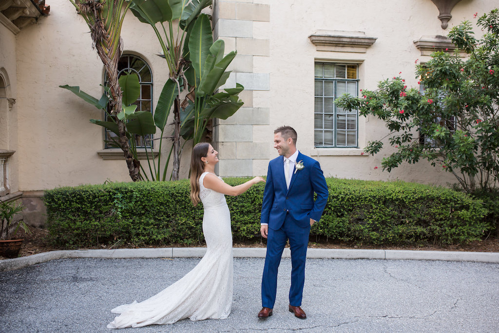 Outdoor Bride and Groom First Look Wedding Portrait | Tampa Bay Photographer Cat Pennenga Photography | Sarasota Venue Powel Crosley Estate