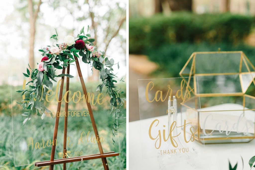 Wedding Ceremony Decor, Clear Acrylic Wedding Welcome Sign with Gold Script Font and Greenery Garland with Blush Pink, Dark Red, and White Flowers, Clear Acrylic Card and Gift Sign with Geometric Gold Card Box | Tampa Bay Wedding Planner Burlap to Lace